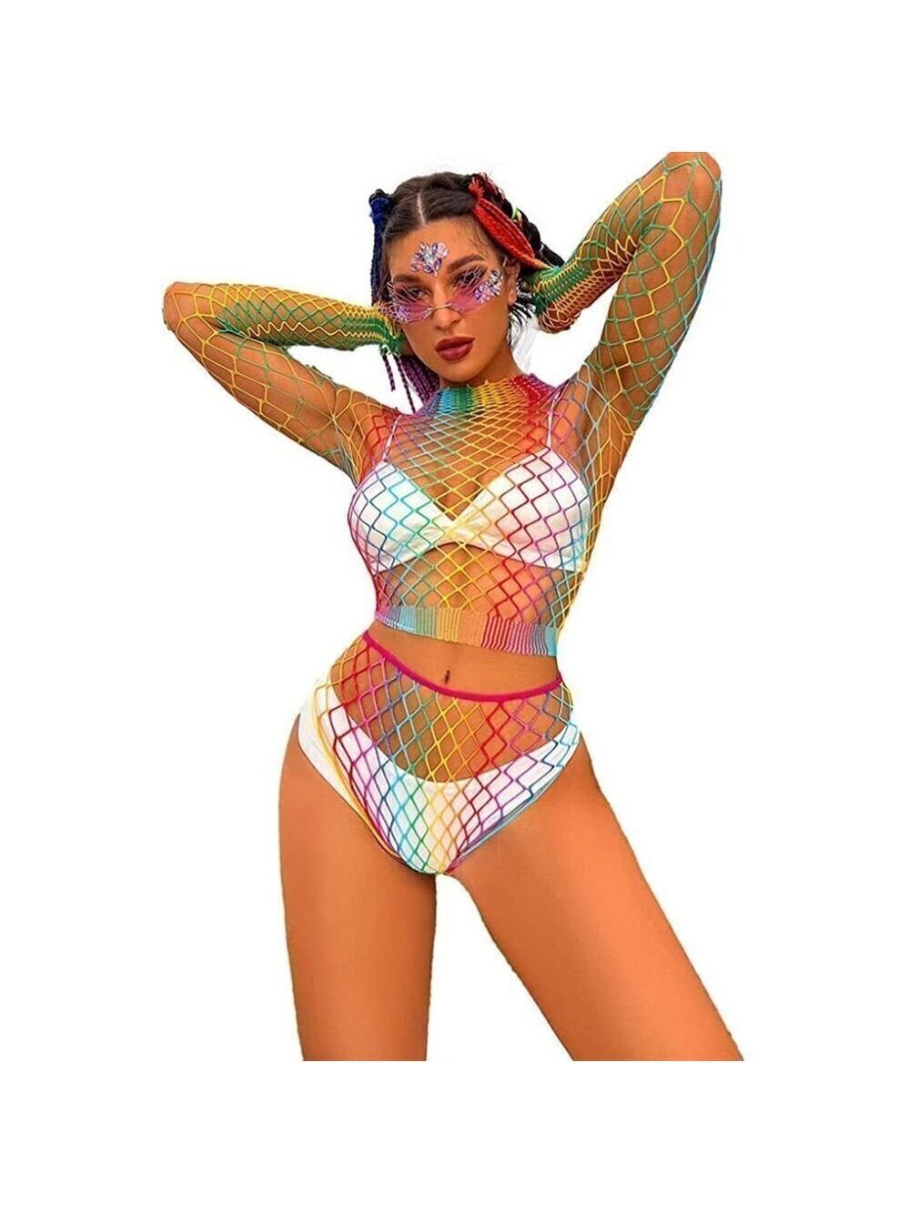🌈 rainbow fishnet stockings mesh lingerie bodysuit BDSM bondage cosplay NWT